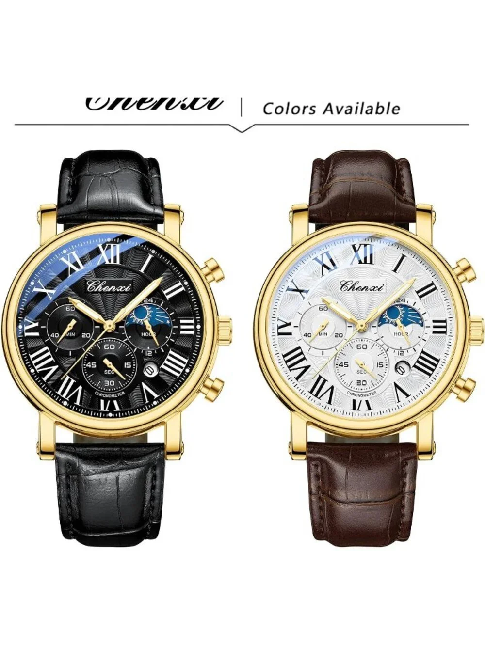 Men White Brown Leather Multifunctional Military Sports Analog Chronograph Watch